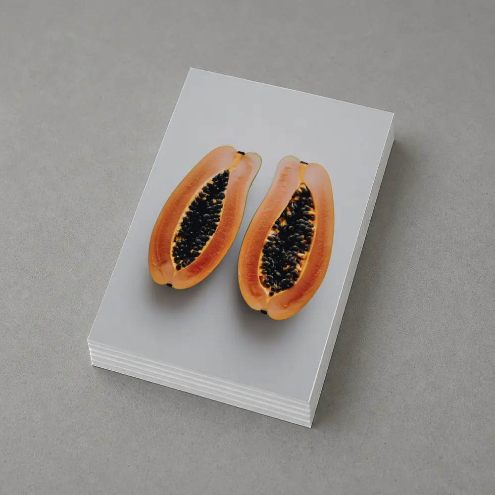 Sliced Papaya Halves on White Background – Postcards