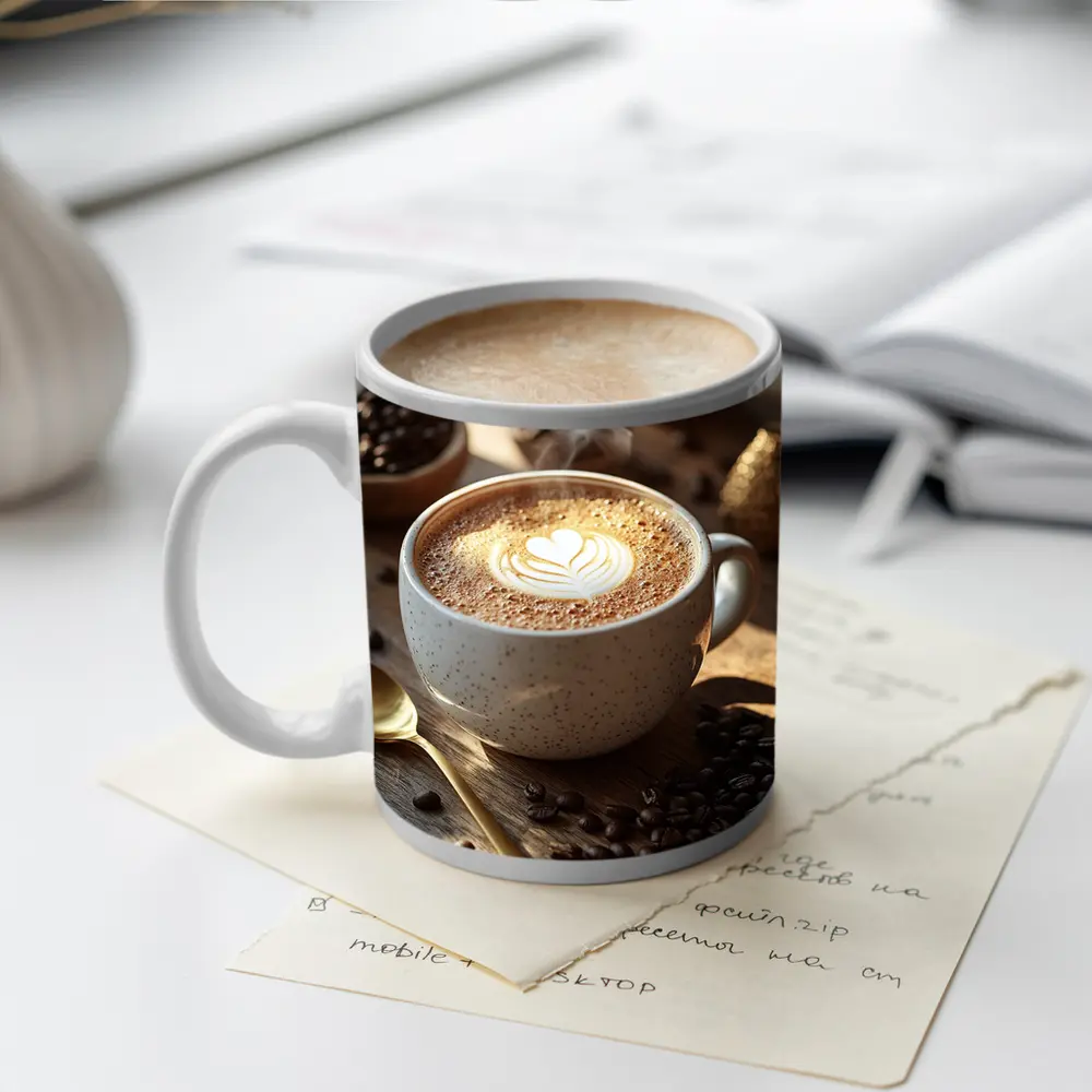 Latte Art Heart Coffee Beans Wooden Table – Mugs