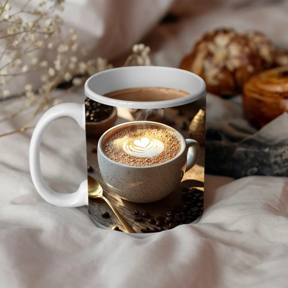 Latte Art Heart Coffee Beans Wooden Table – Mugs