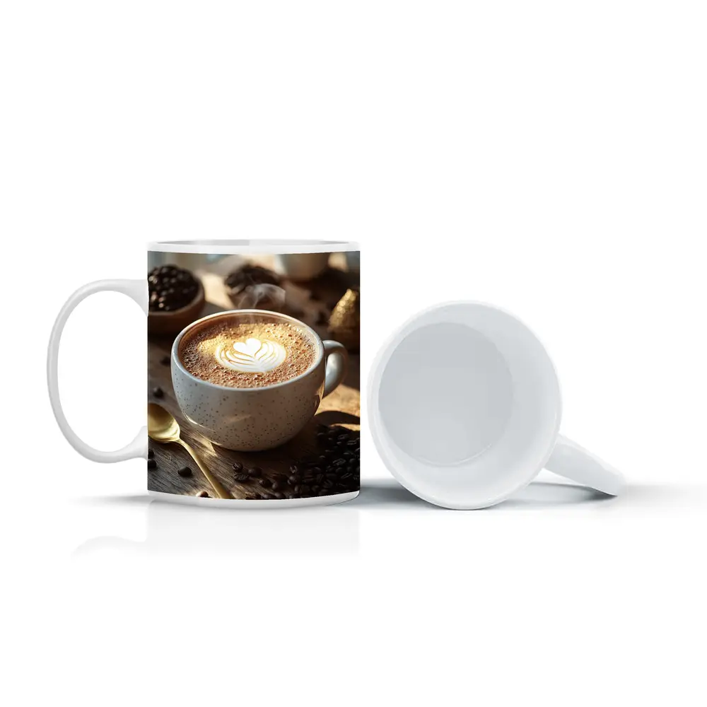Latte Art Heart Coffee Beans Wooden Table – Mugs