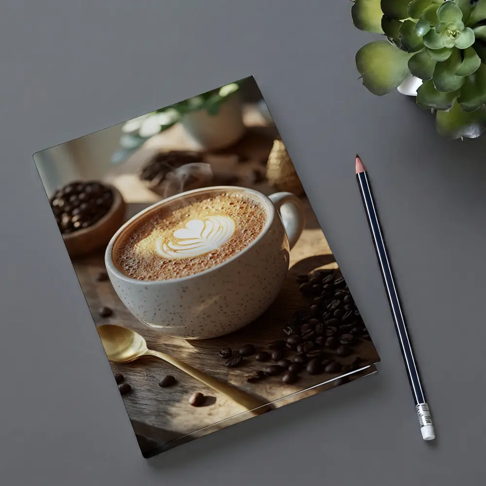 Latte Art Heart Coffee Beans Wooden Table – Notebooks