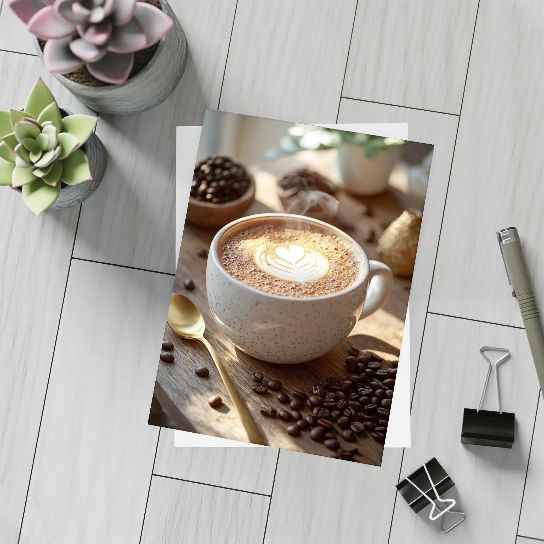Latte Art Heart Coffee Beans Wooden Table – Postcards