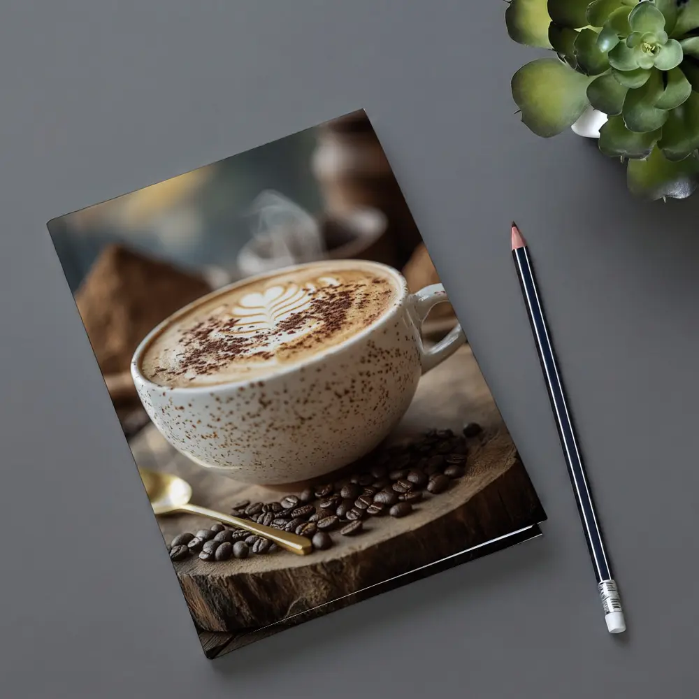 Steaming Latte Art Coffee Cup Wooden Board – Notebooks