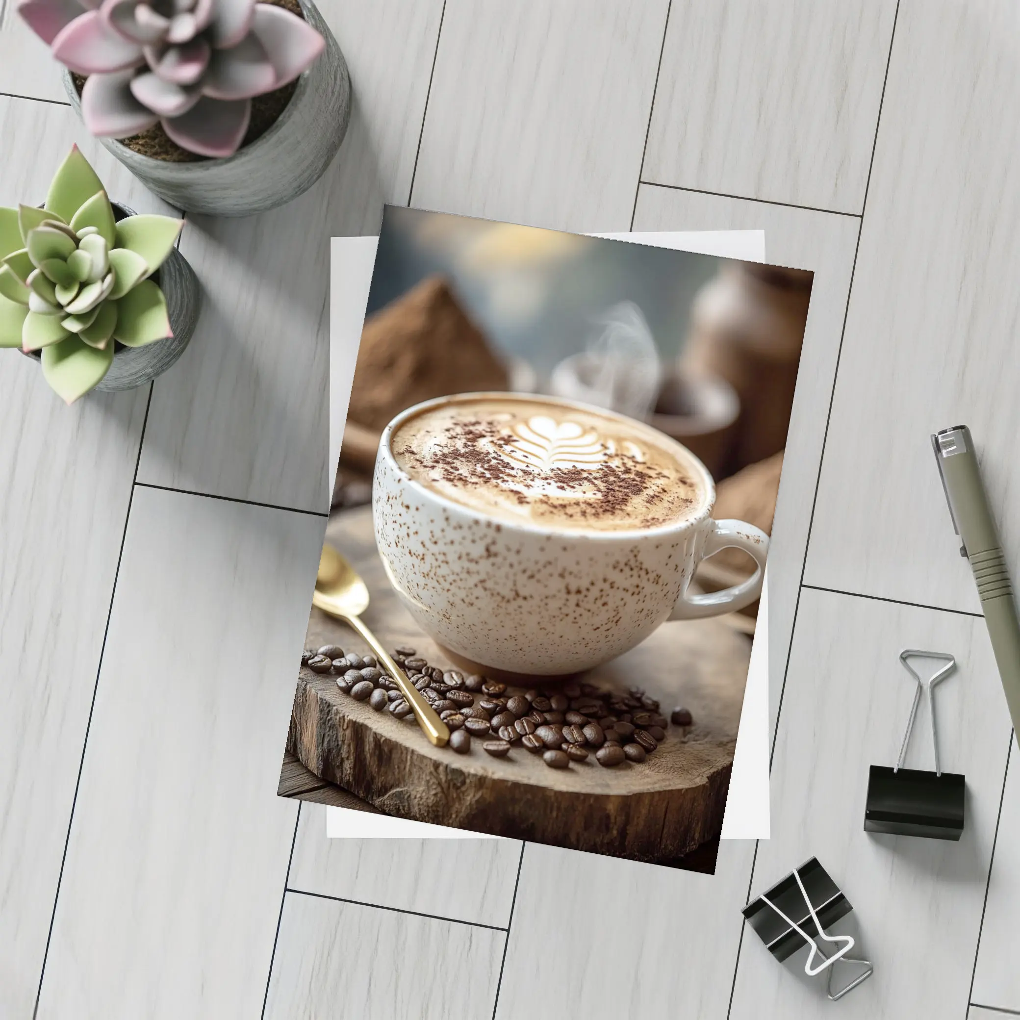Steaming Latte Art Coffee Cup Wooden Board – Postcards