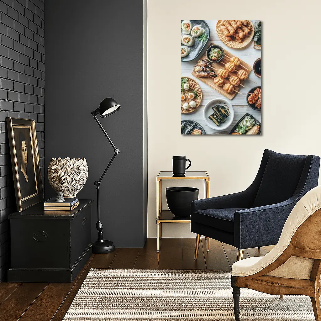 Japanese Street Food Spread White Table – Wall Art