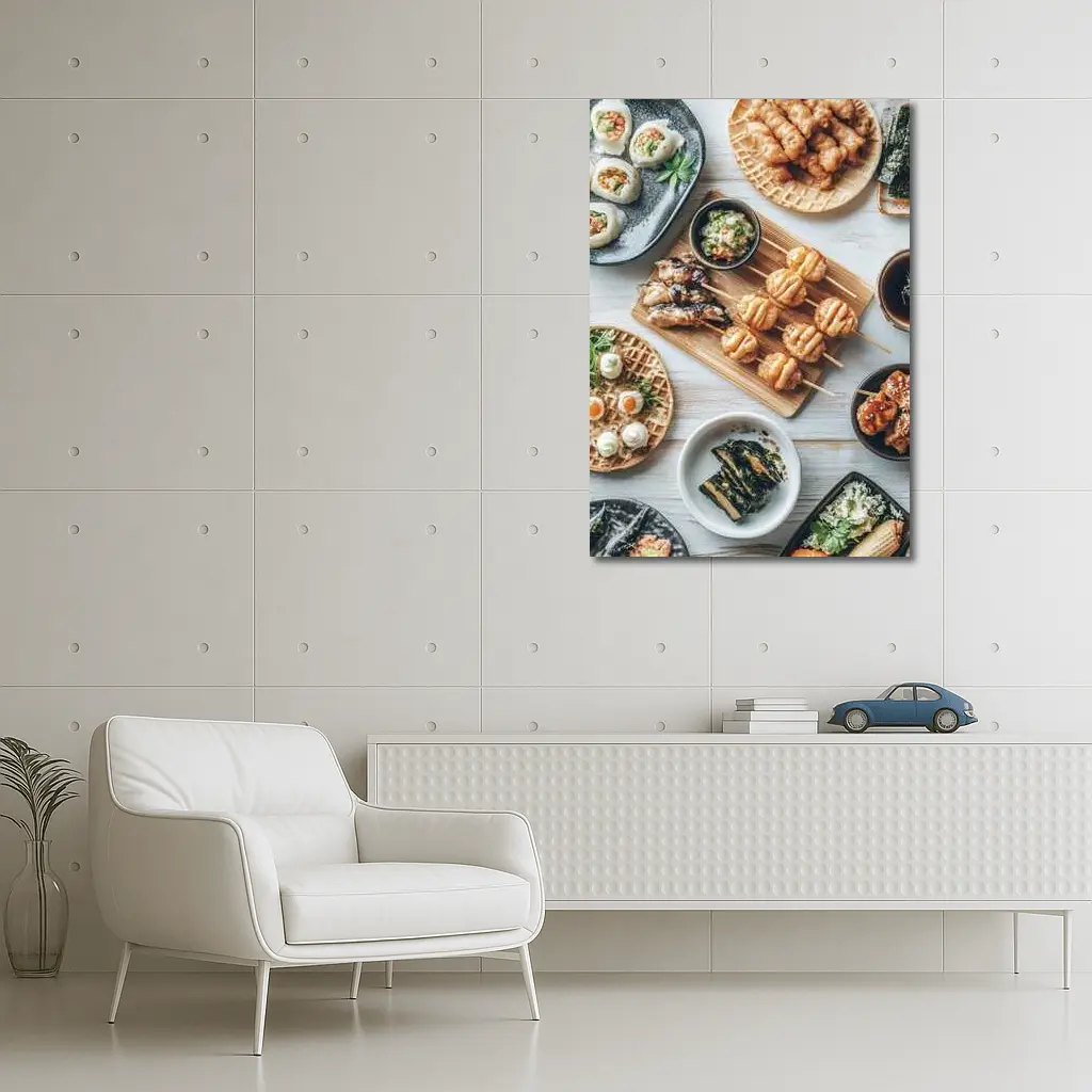 Japanese Street Food Spread White Table – Wall Art