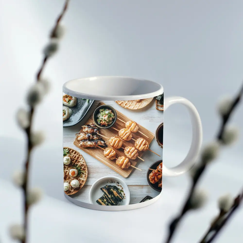 Japanese Street Food Spread White Table – Mugs