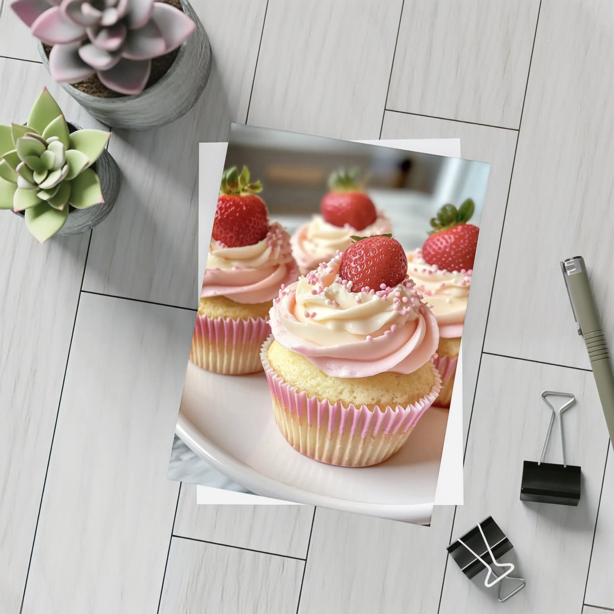 Strawberry Cupcakes Pink Frosting Sprinkles Kitchen – Postcards