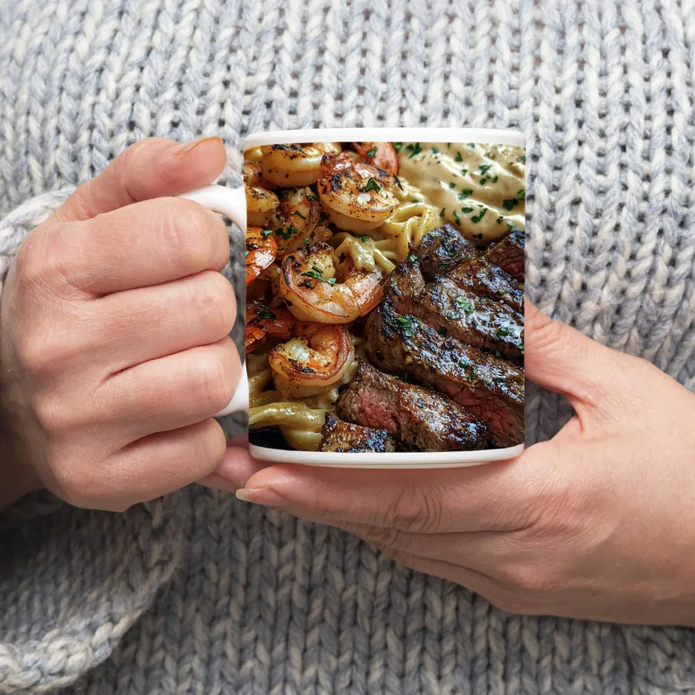 Surf and Turf Steak Shrimp Pasta Plate – Mugs