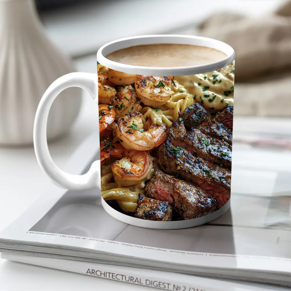 Surf and Turf Steak Shrimp Pasta Plate – Mugs