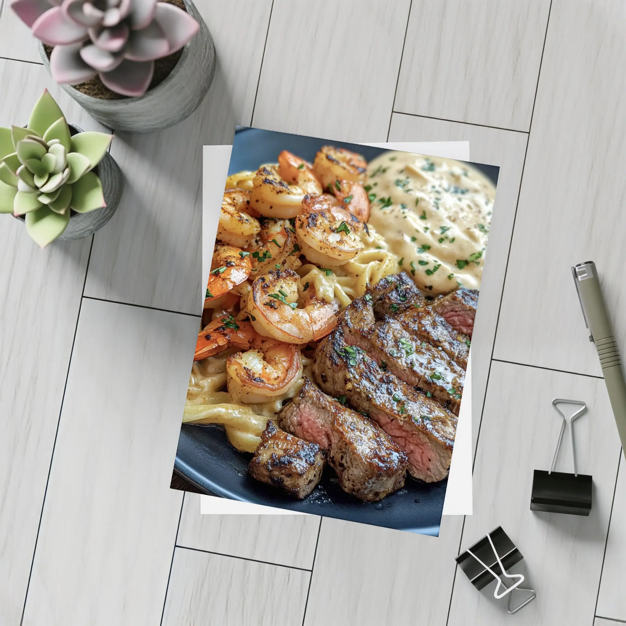 Surf and Turf Steak Shrimp Pasta Plate – Postcards