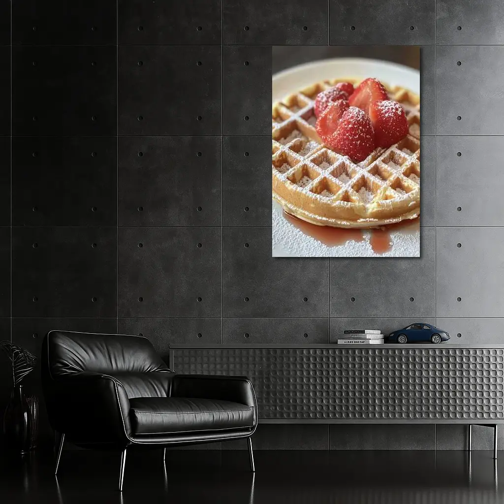 Golden Waffle Strawberries Powdered Sugar White Plate – Wall Art