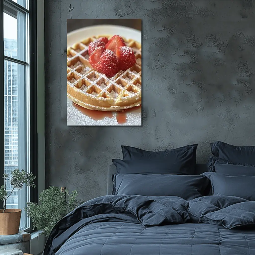 Golden Waffle Strawberries Powdered Sugar White Plate – Wall Art