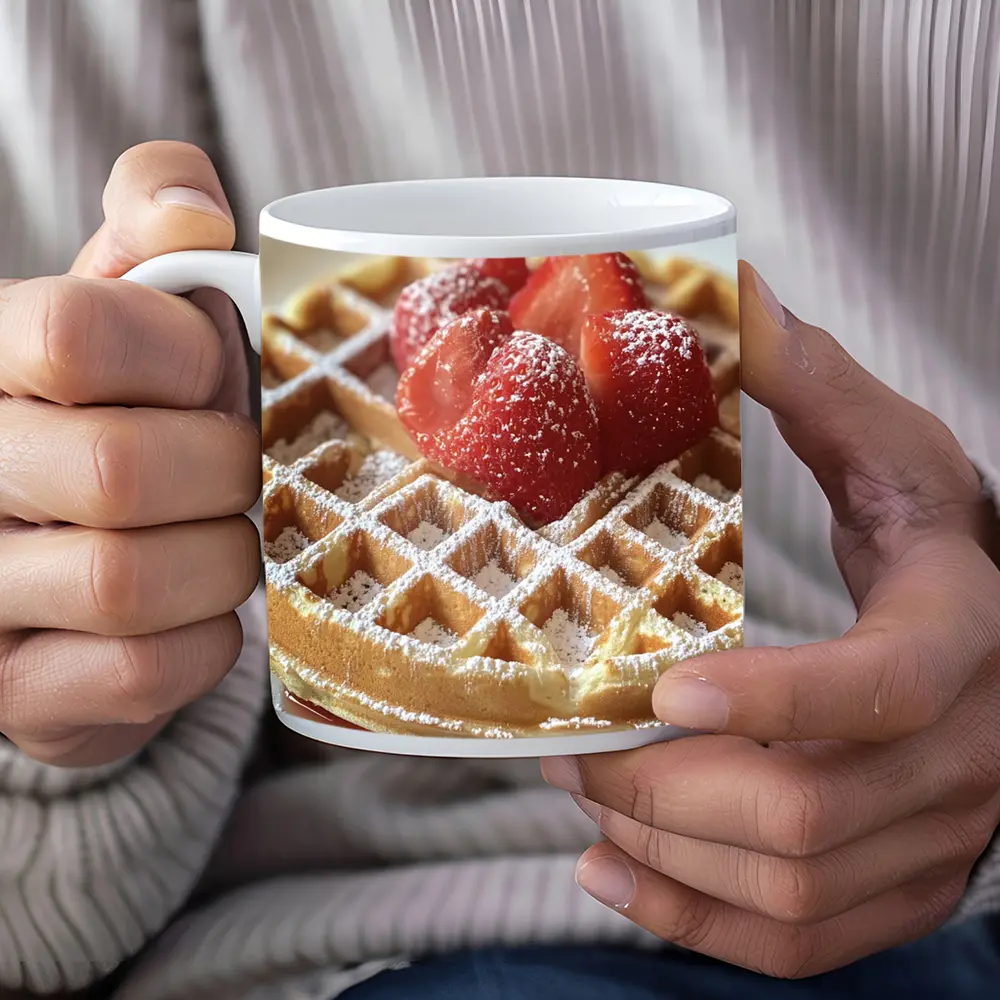 Golden Waffle Strawberries Powdered Sugar White Plate – Mugs