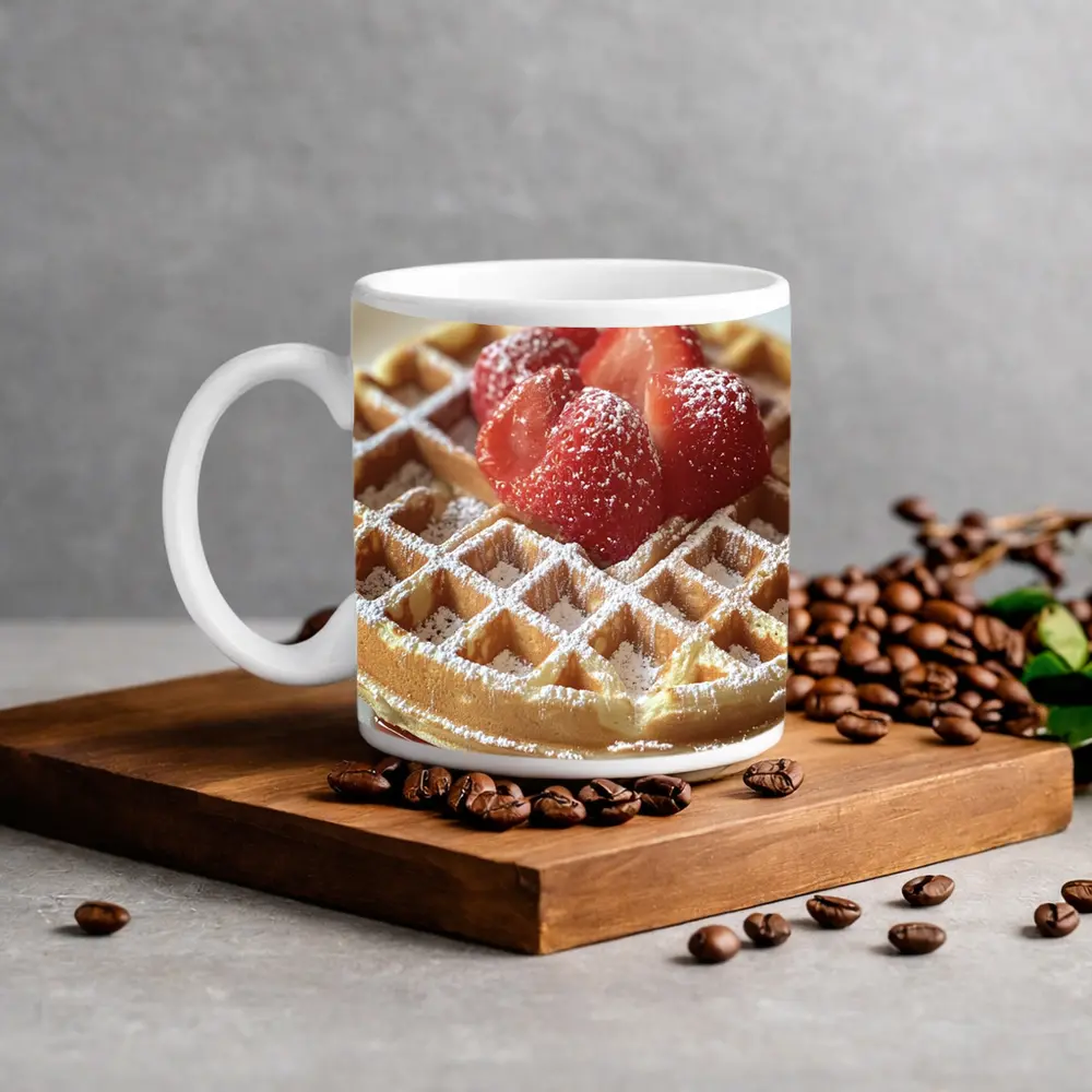 Golden Waffle Strawberries Powdered Sugar White Plate – Mugs