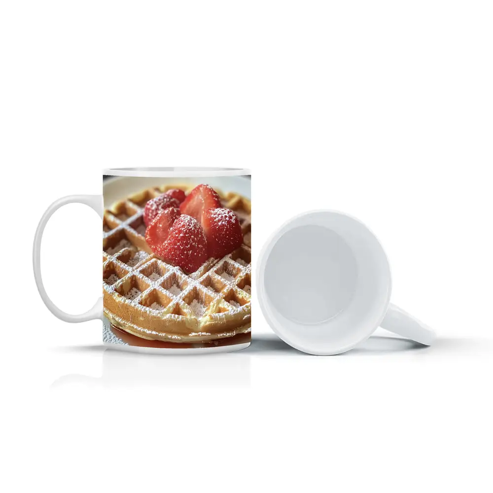 Golden Waffle Strawberries Powdered Sugar White Plate – Mugs