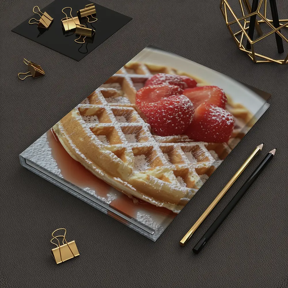 Golden Waffle Strawberries Powdered Sugar White Plate – Notebooks