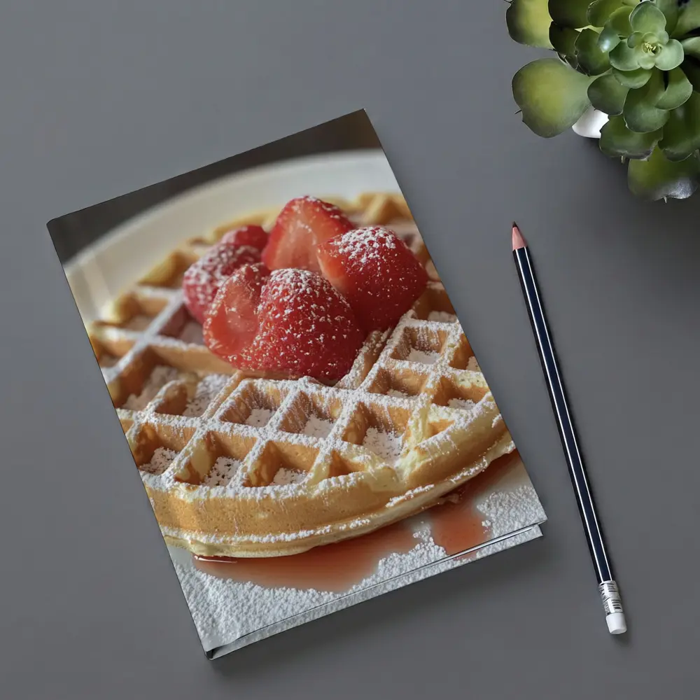 Golden Waffle Strawberries Powdered Sugar White Plate – Notebooks