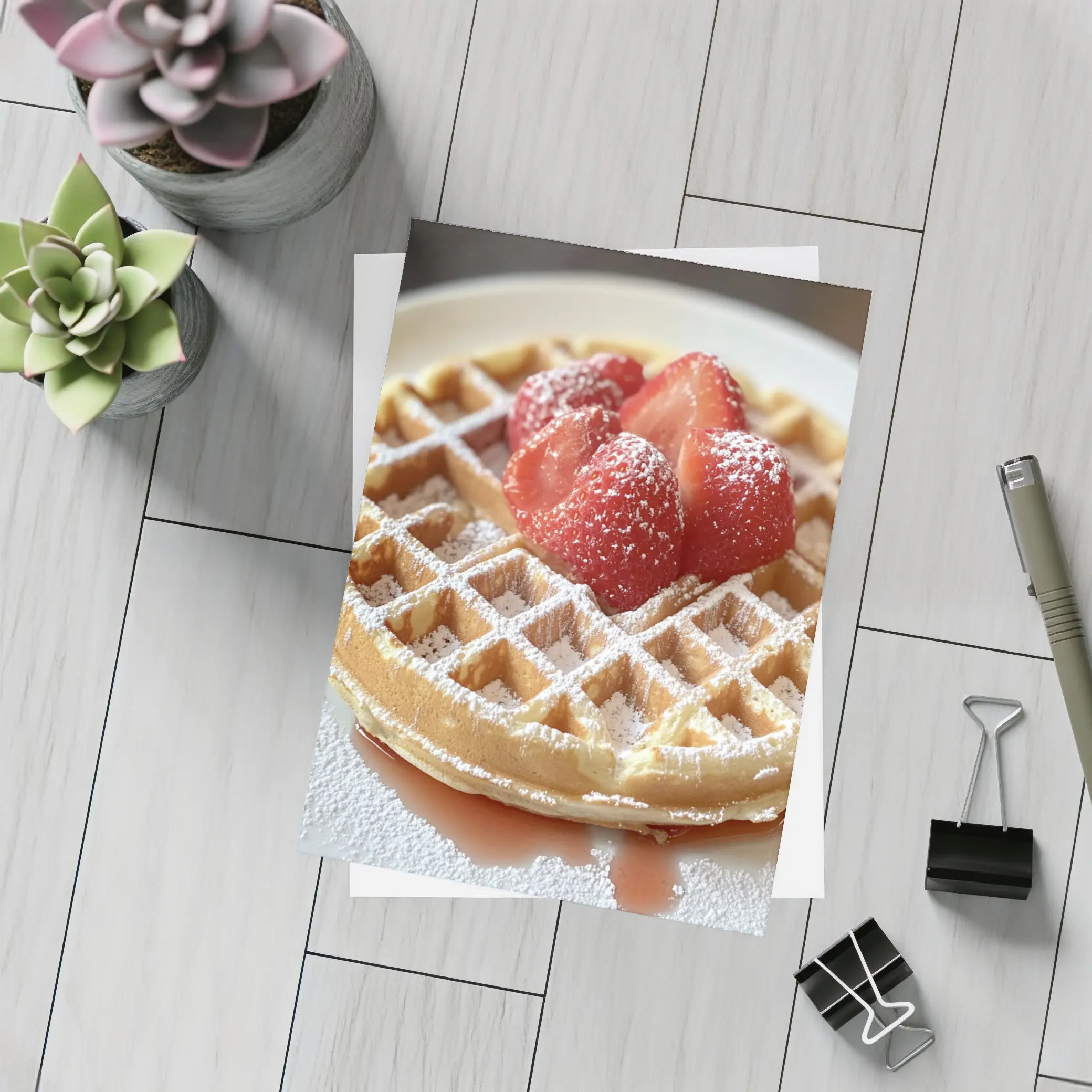 Golden Waffle Strawberries Powdered Sugar White Plate – Postcards