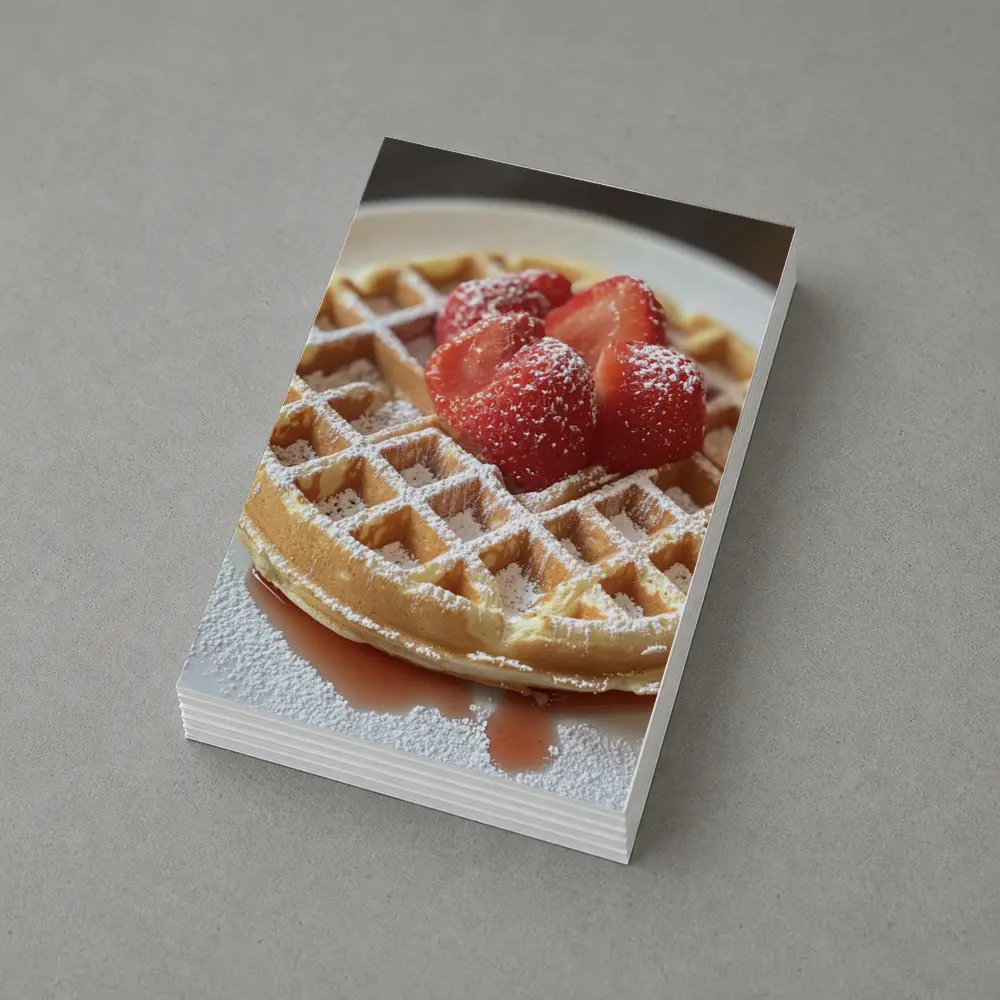 Golden Waffle Strawberries Powdered Sugar White Plate – Postcards