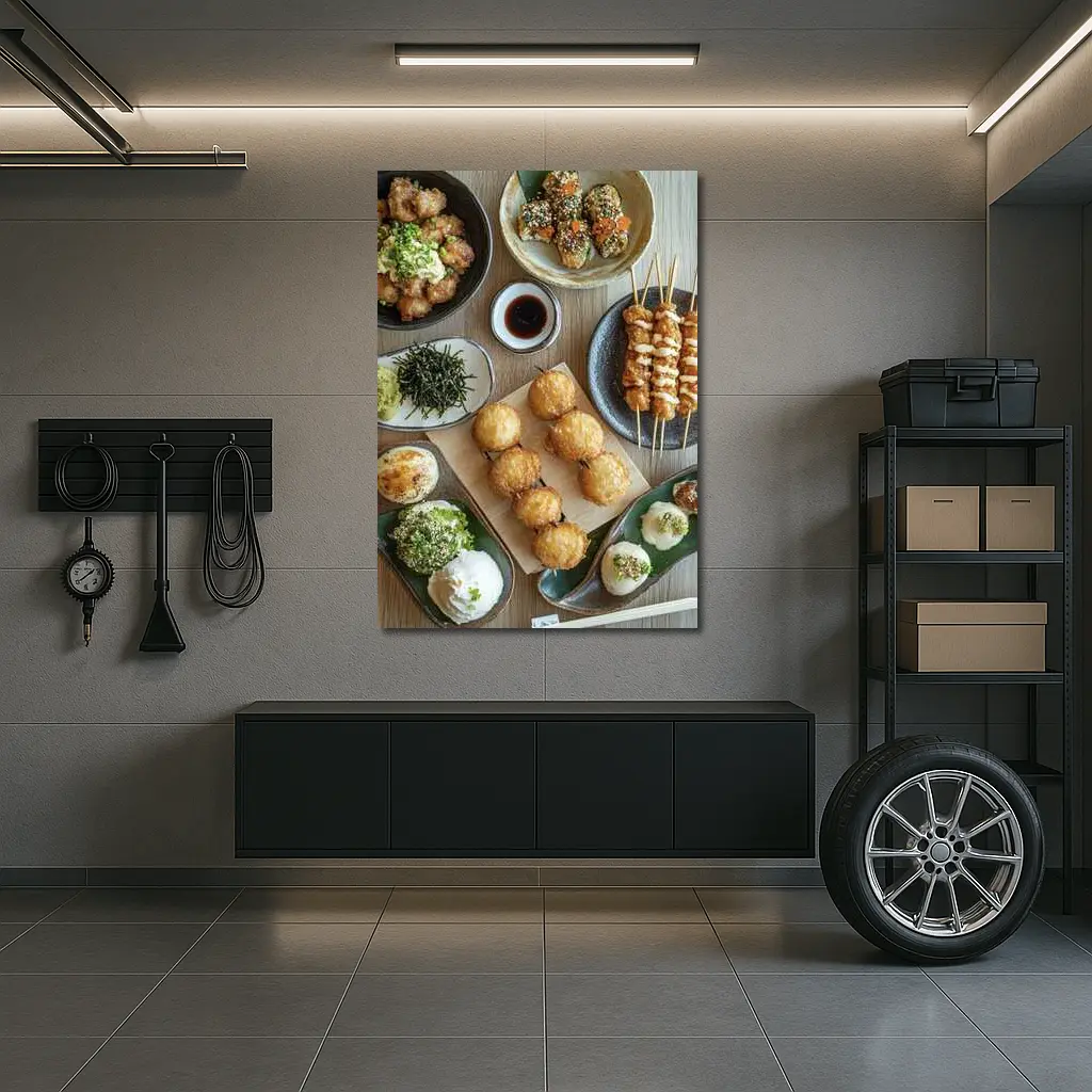 Japanese Street Food Spread On Wood Table – Wall Art