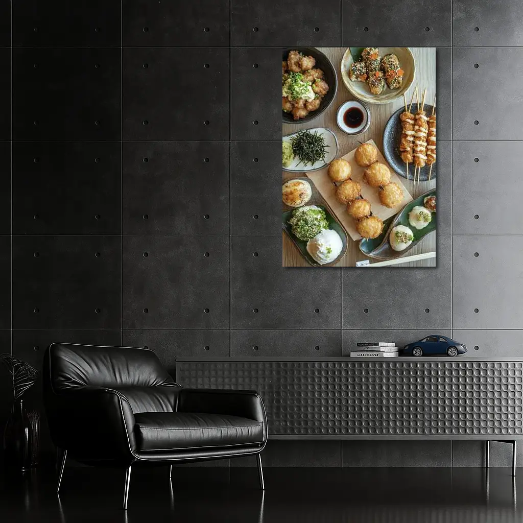 Japanese Street Food Spread On Wood Table – Wall Art