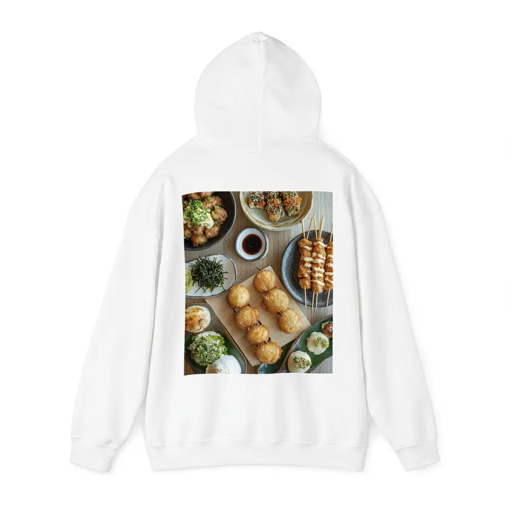 Japanese Street Food Spread On Wood Table – Hoodies