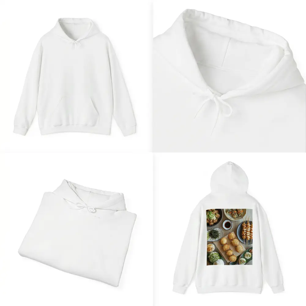 Japanese Street Food Spread On Wood Table – Hoodies