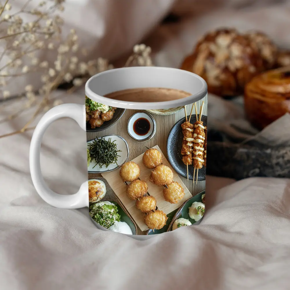 Japanese Street Food Spread On Wood Table – Mugs