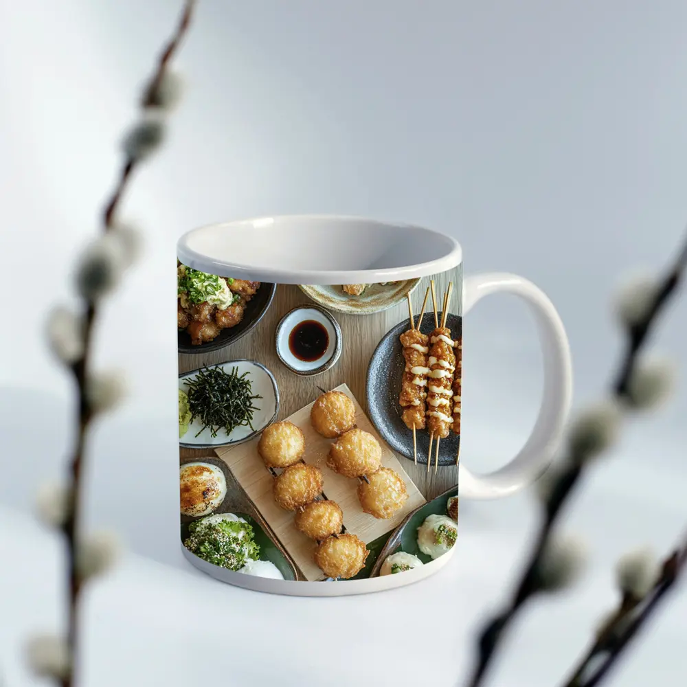 Japanese Street Food Spread On Wood Table – Mugs