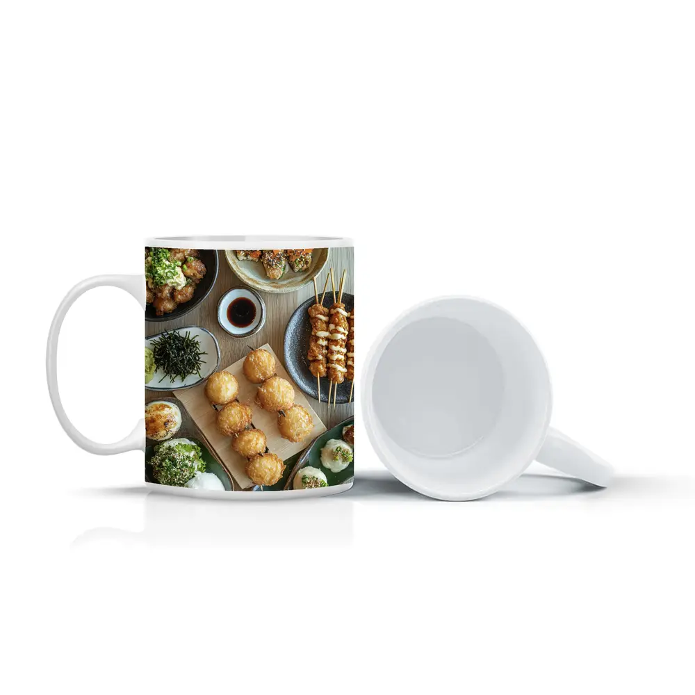 Japanese Street Food Spread On Wood Table – Mugs