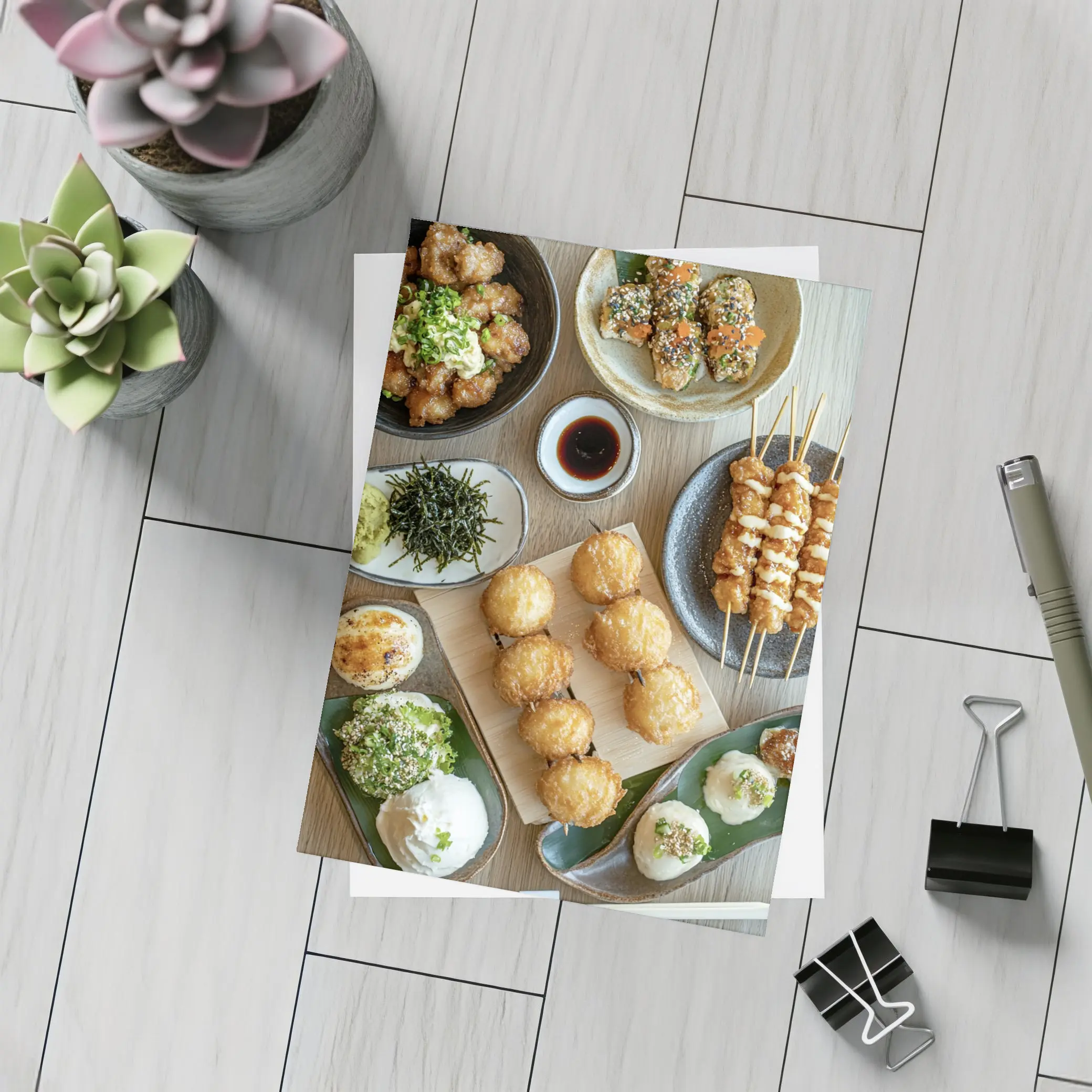 Japanese Street Food Spread On Wood Table – Postcards