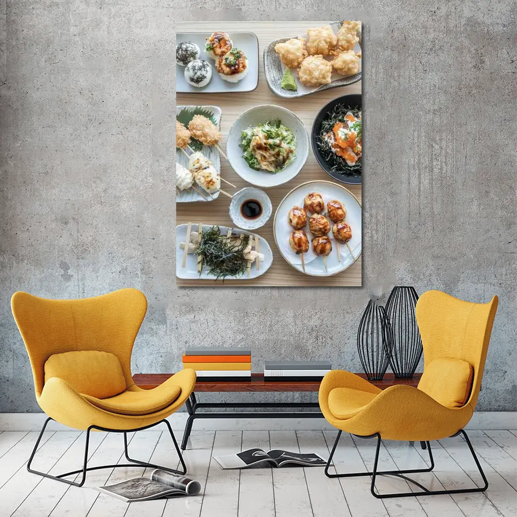 Japanese Street Food Spread on Wood Table – Wall Art