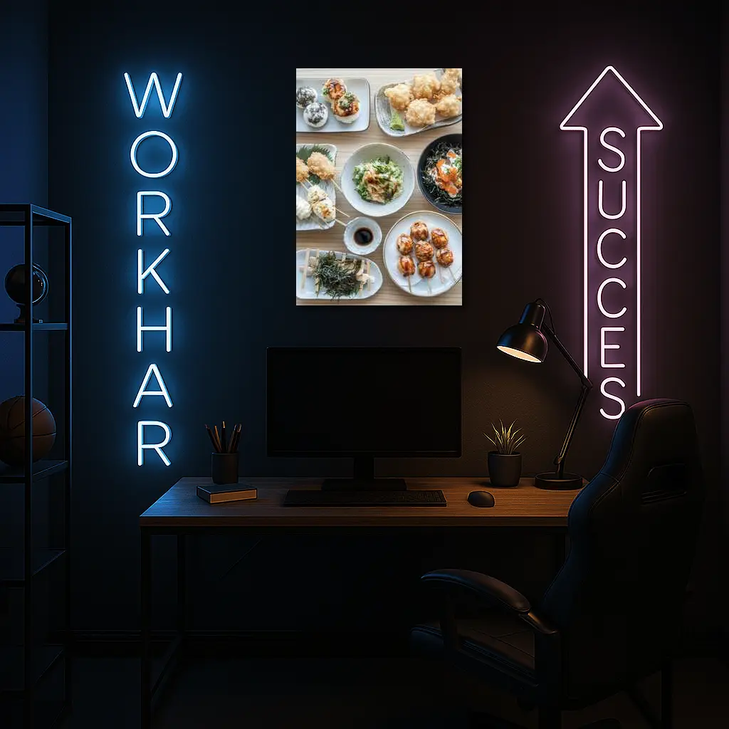 Japanese Street Food Spread on Wood Table – Wall Art