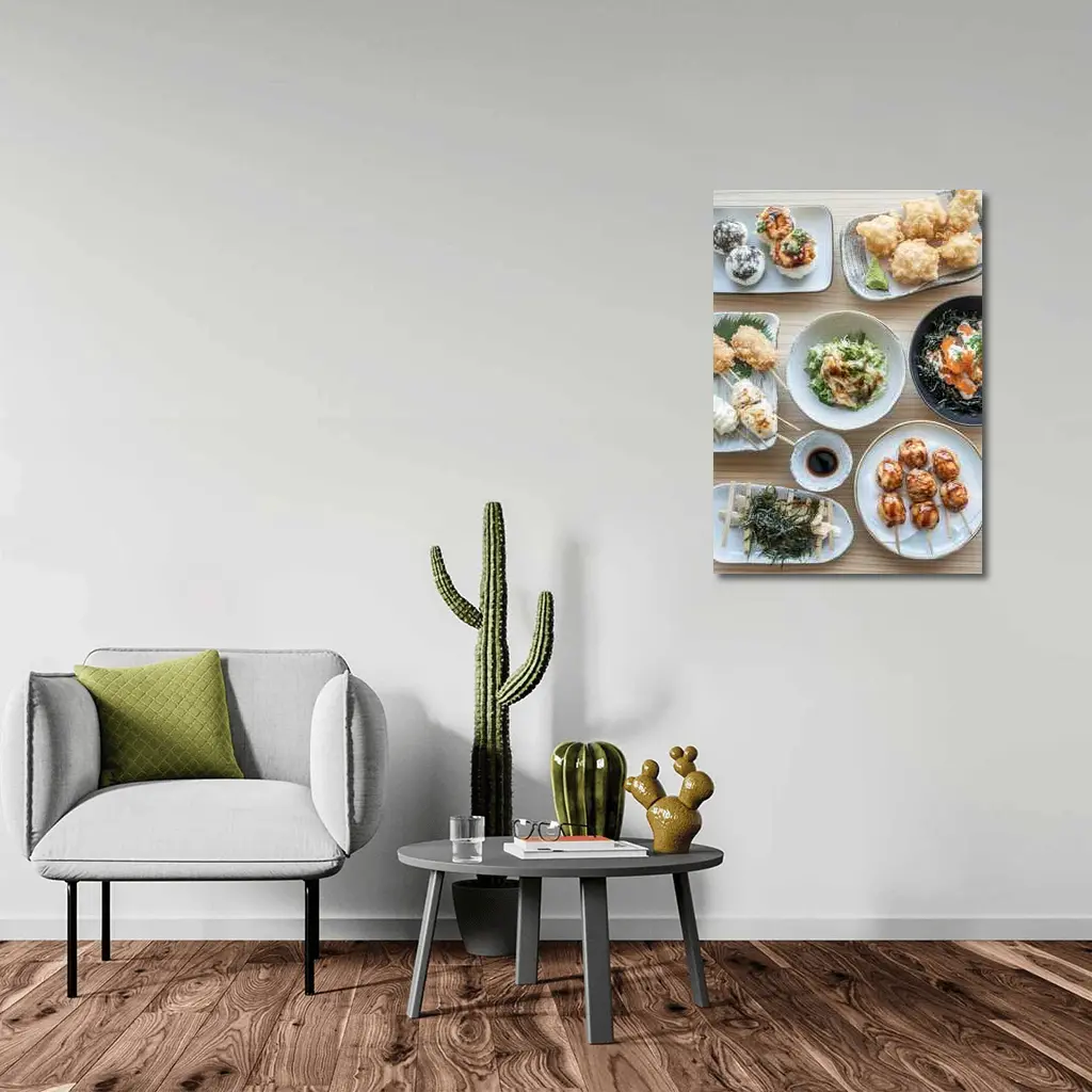 Japanese Street Food Spread on Wood Table – Wall Art
