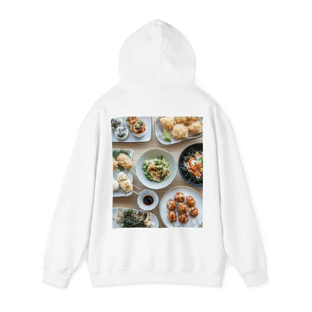 Japanese Street Food Spread on Wood Table – Hoodies