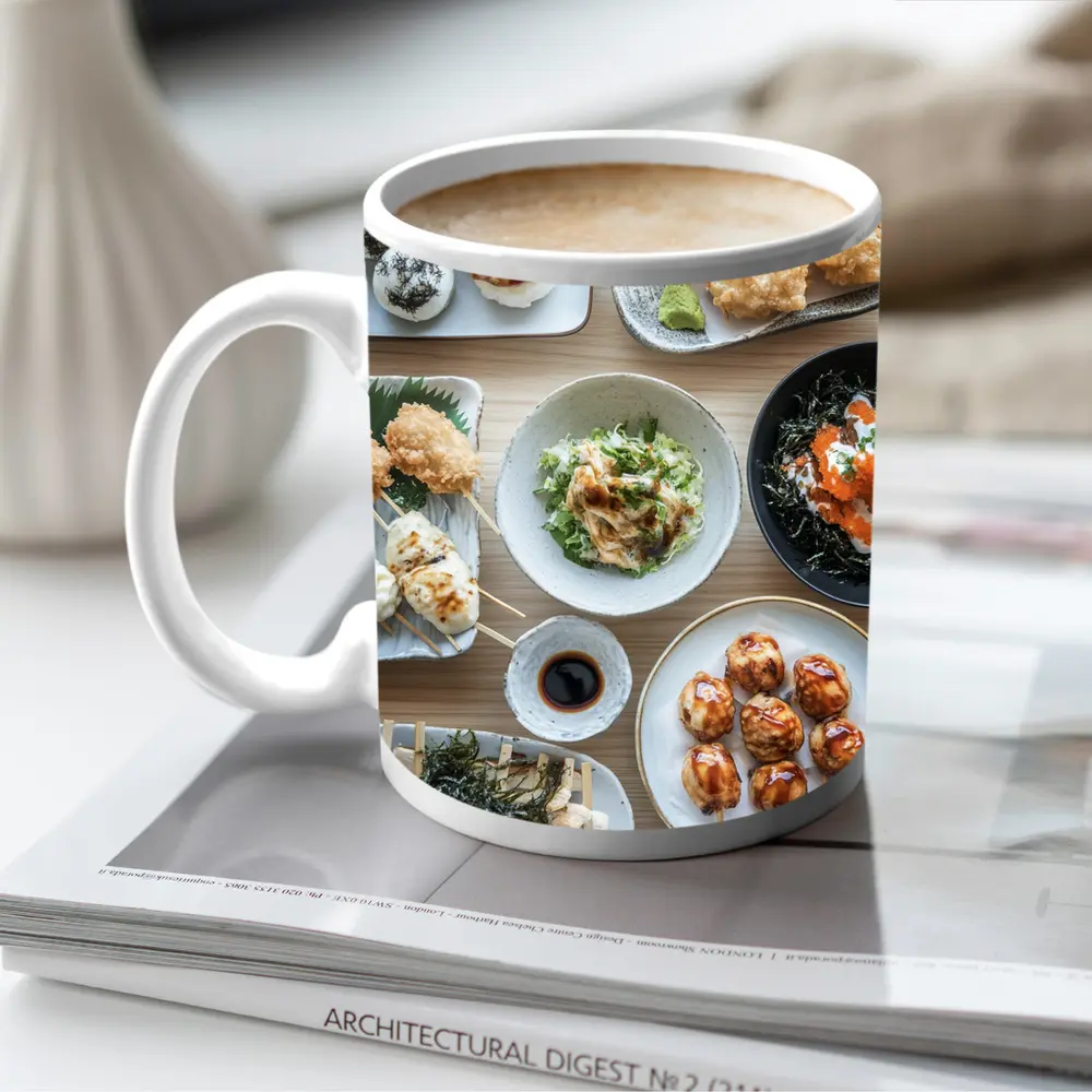 Japanese Street Food Spread on Wood Table – Mugs
