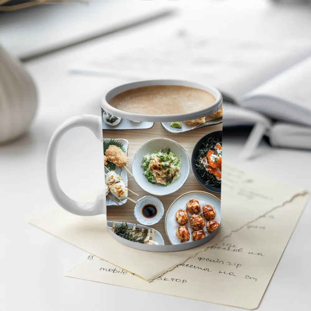 Japanese Street Food Spread on Wood Table – Mugs
