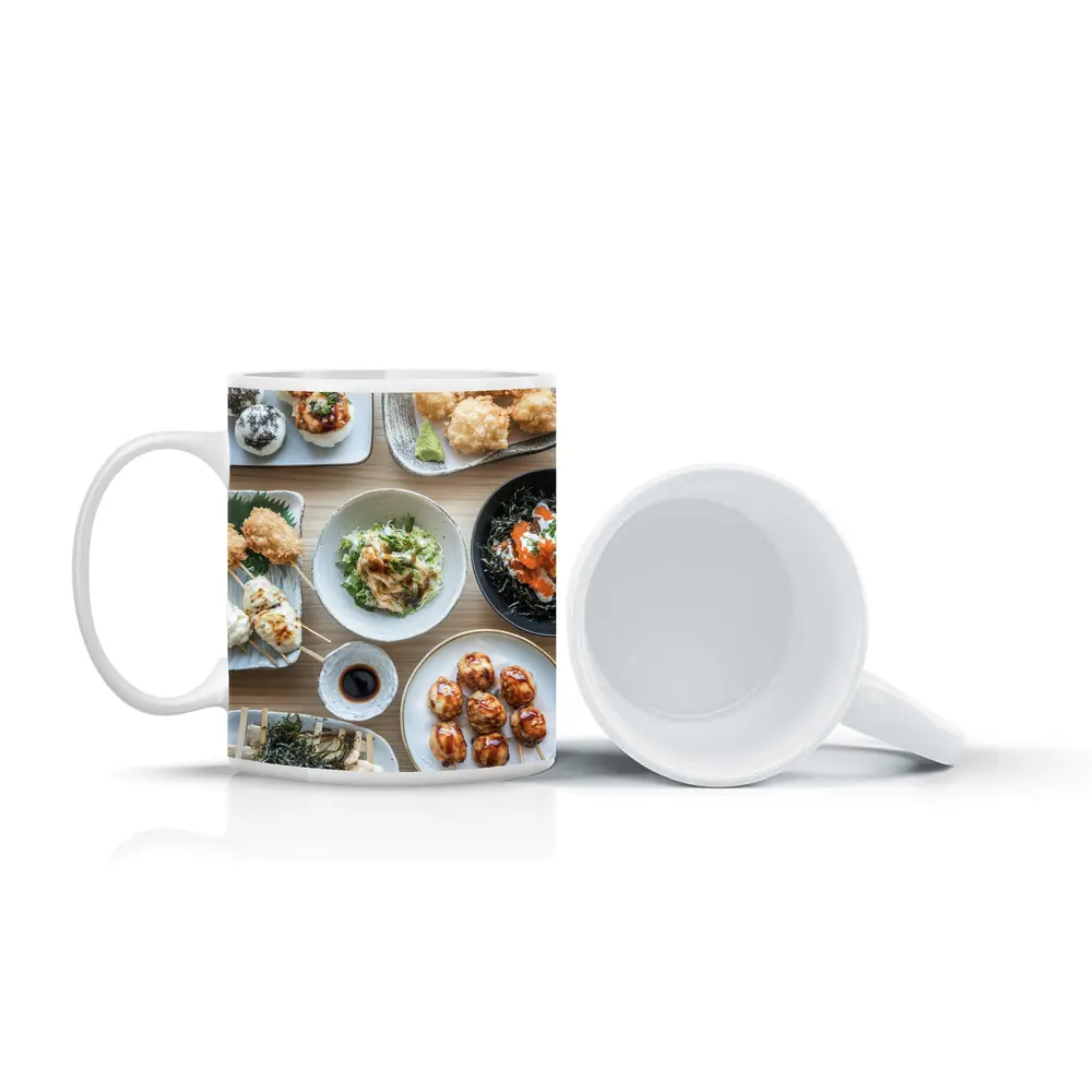 Japanese Street Food Spread on Wood Table – Mugs