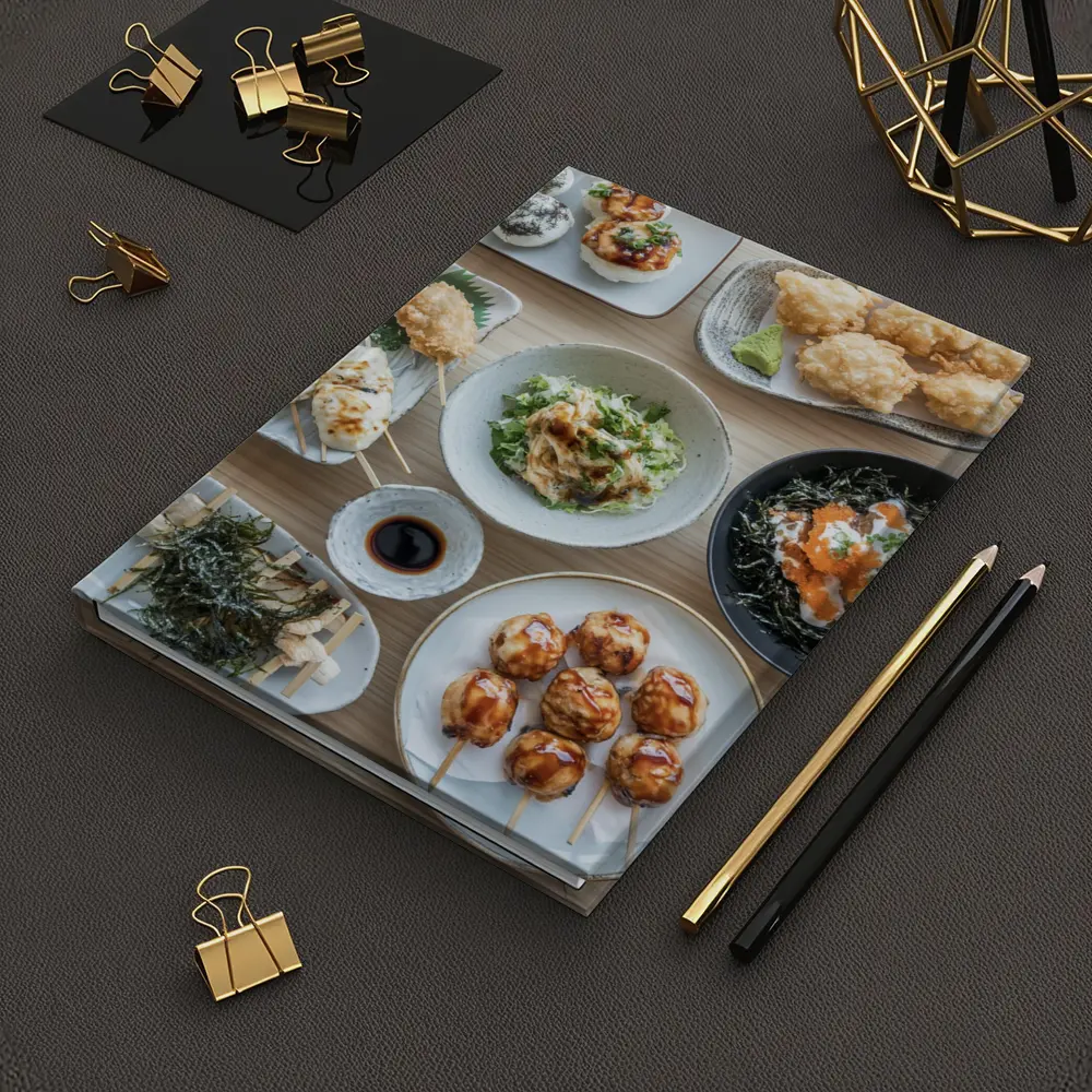 Japanese Street Food Spread on Wood Table – Notebooks