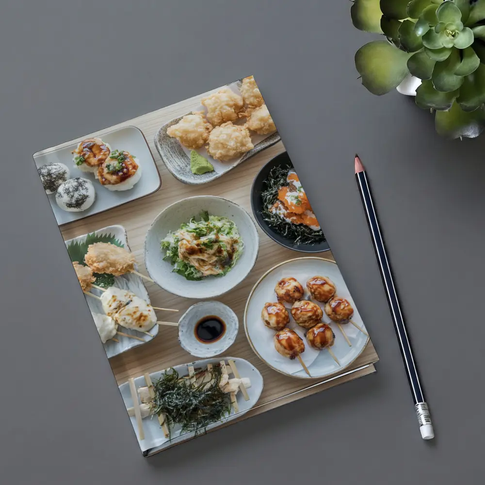 Japanese Street Food Spread on Wood Table – Notebooks