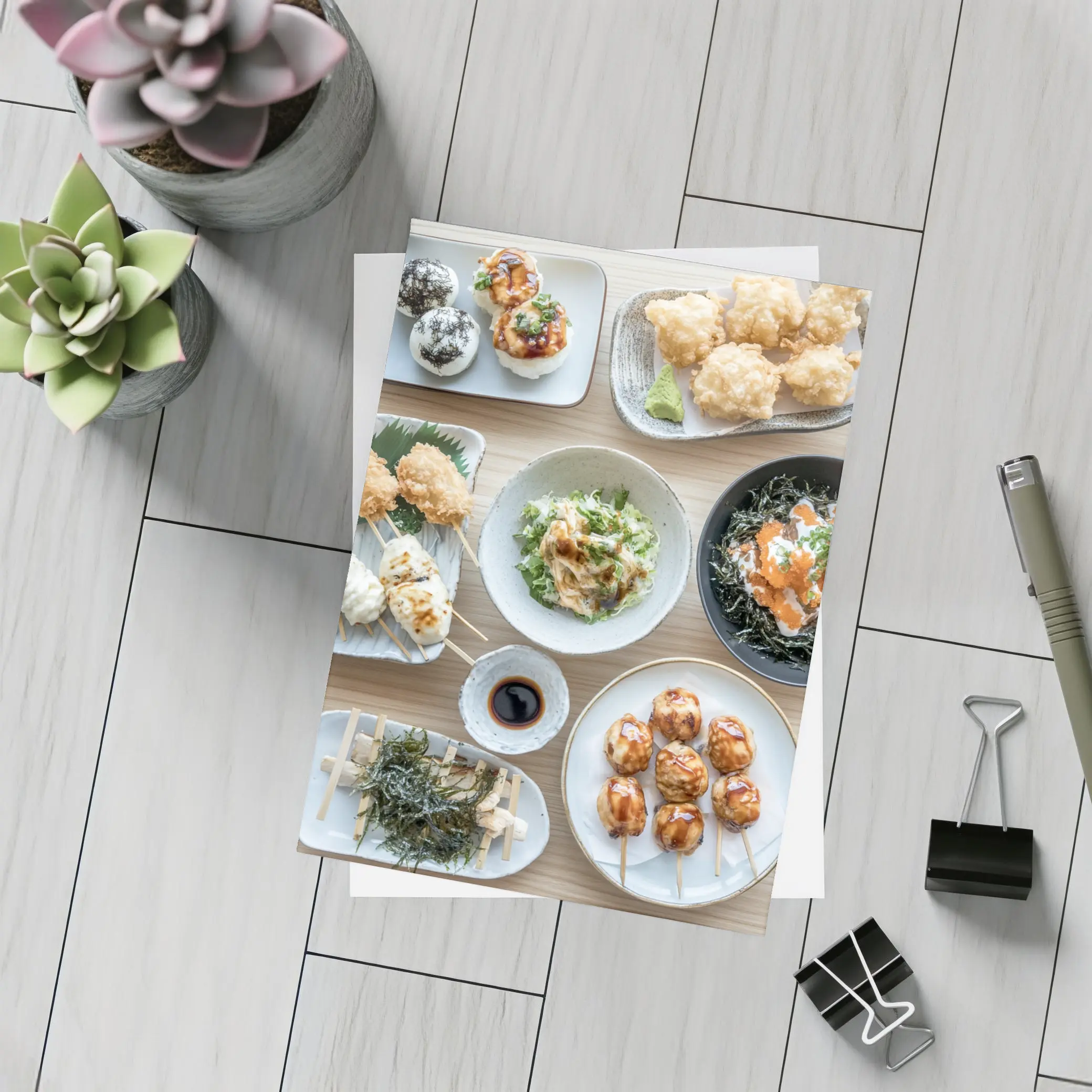 Japanese Street Food Spread on Wood Table – Postcards