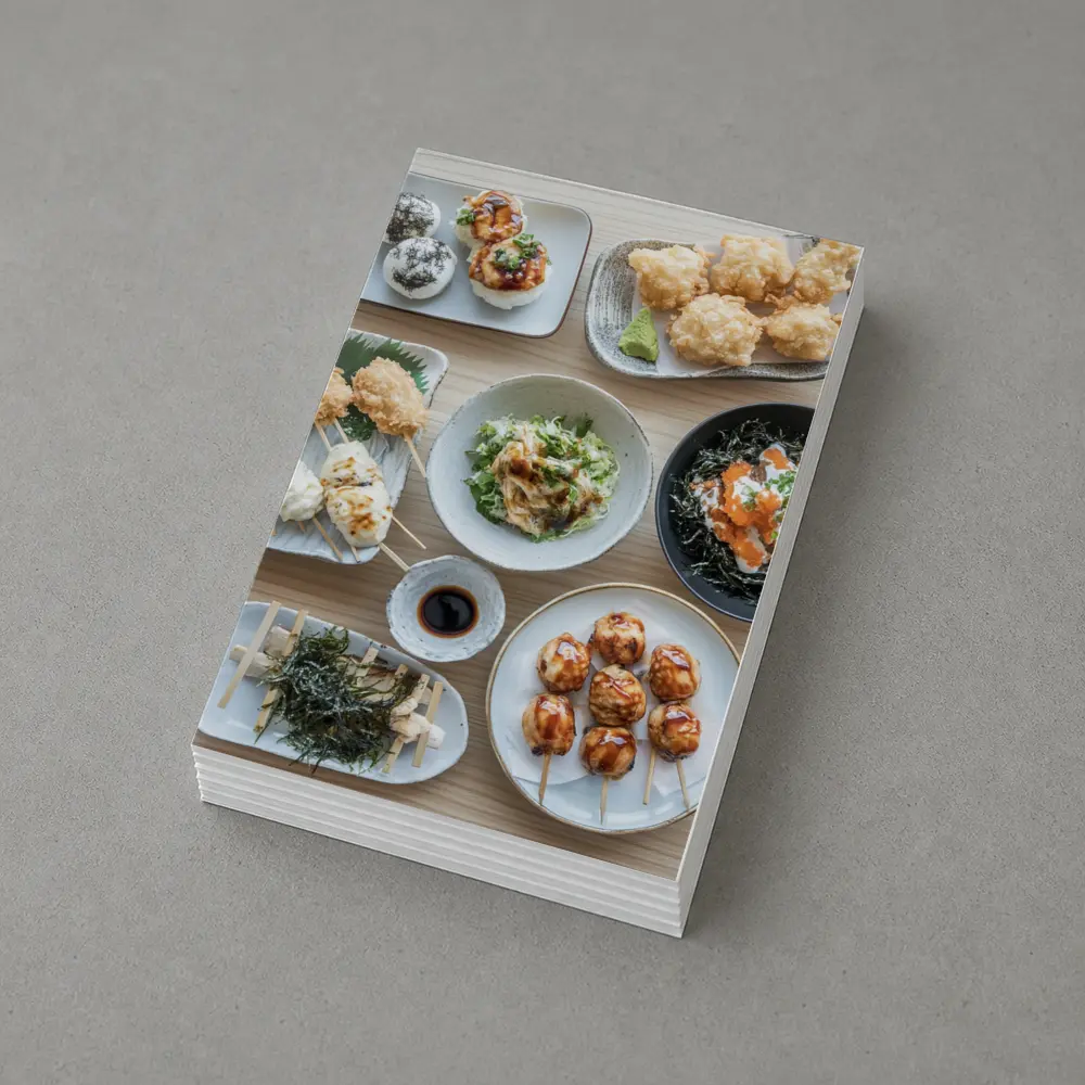 Japanese Street Food Spread on Wood Table – Postcards