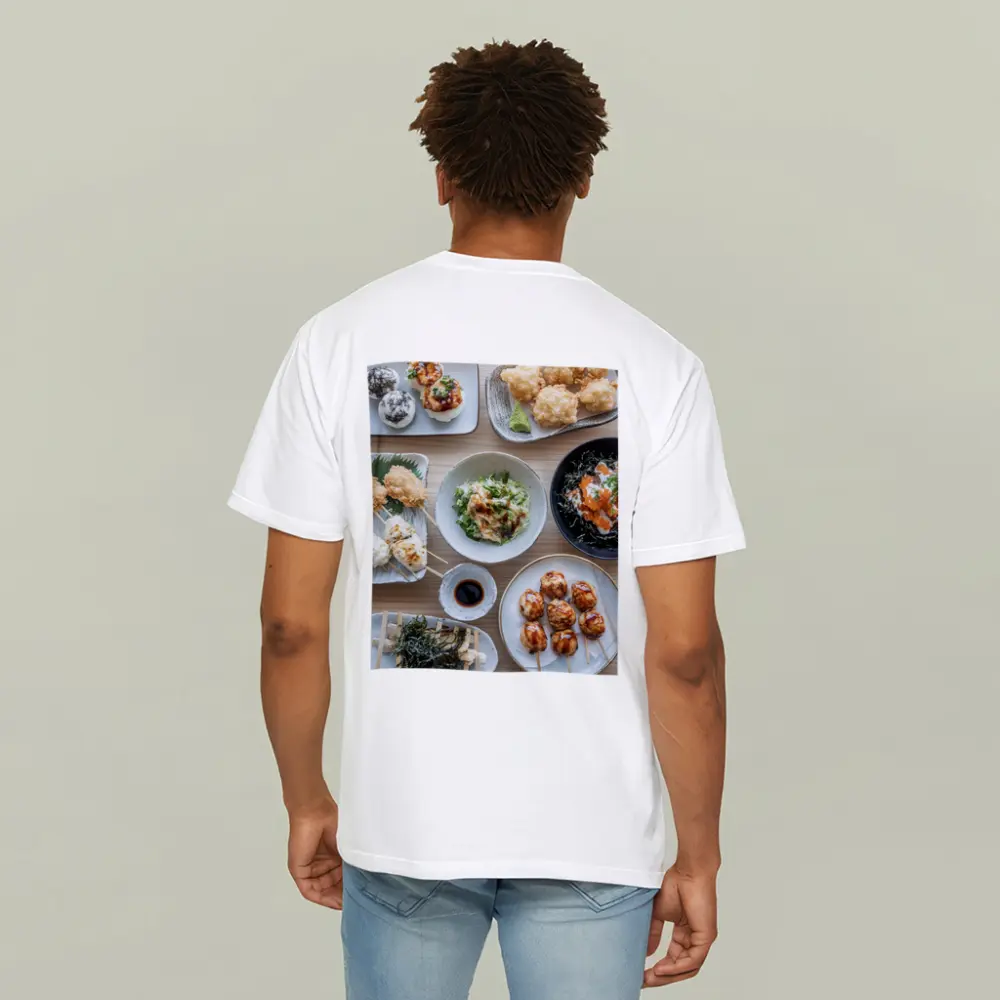 Japanese Street Food Spread on Wood Table – T-Shirts