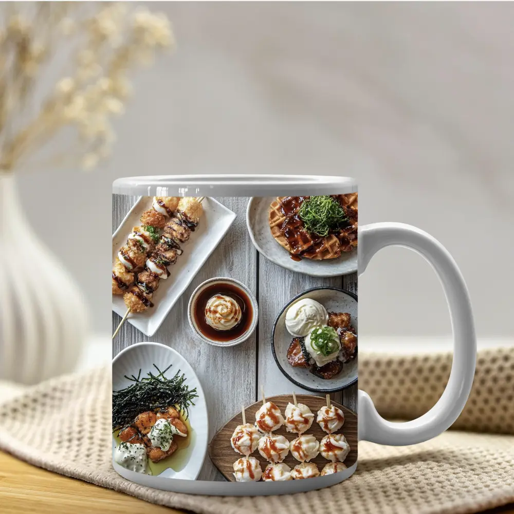 Japanese Street Food Spread Rustic Table – Mugs