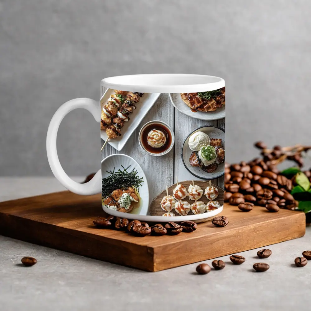 Japanese Street Food Spread Rustic Table – Mugs