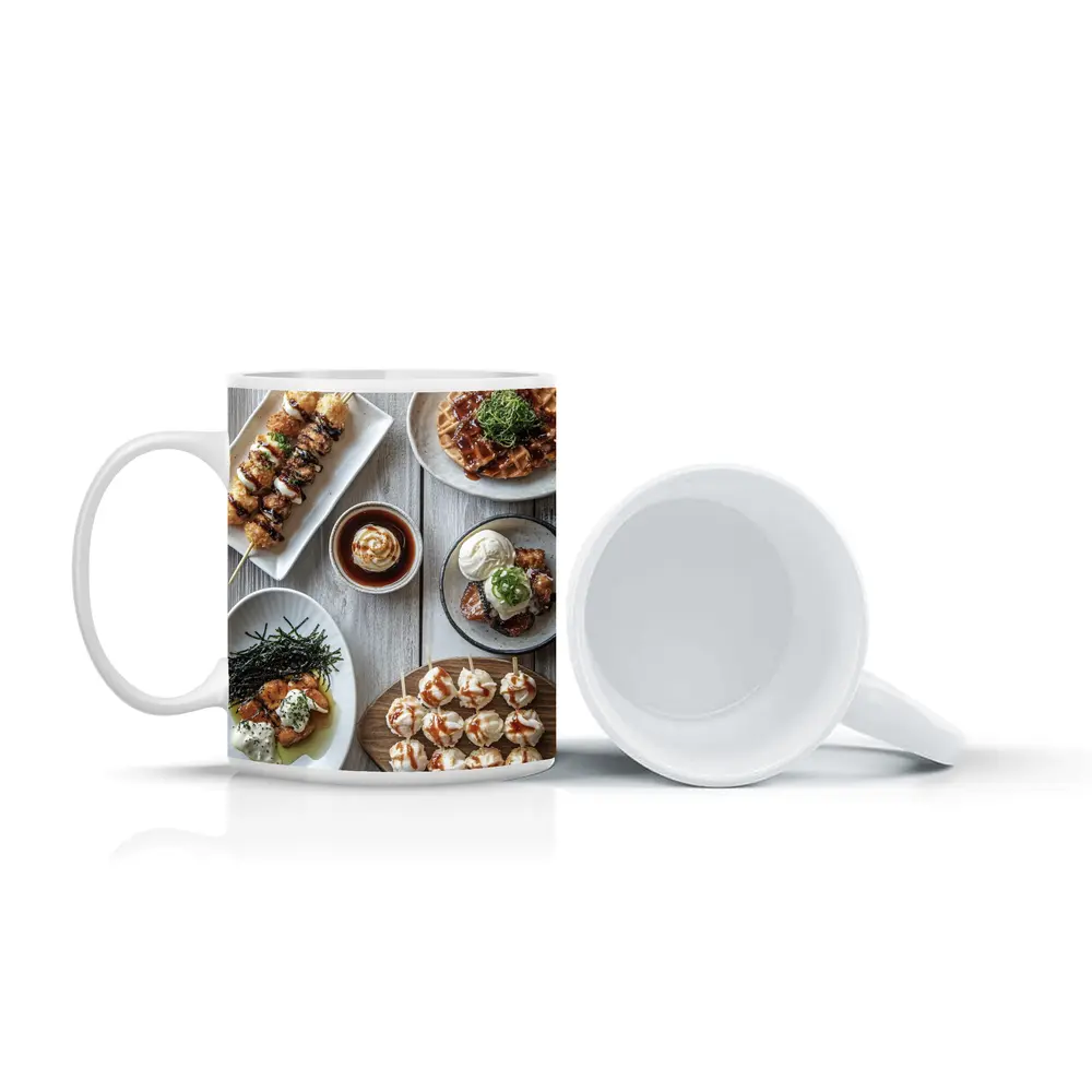 Japanese Street Food Spread Rustic Table – Mugs