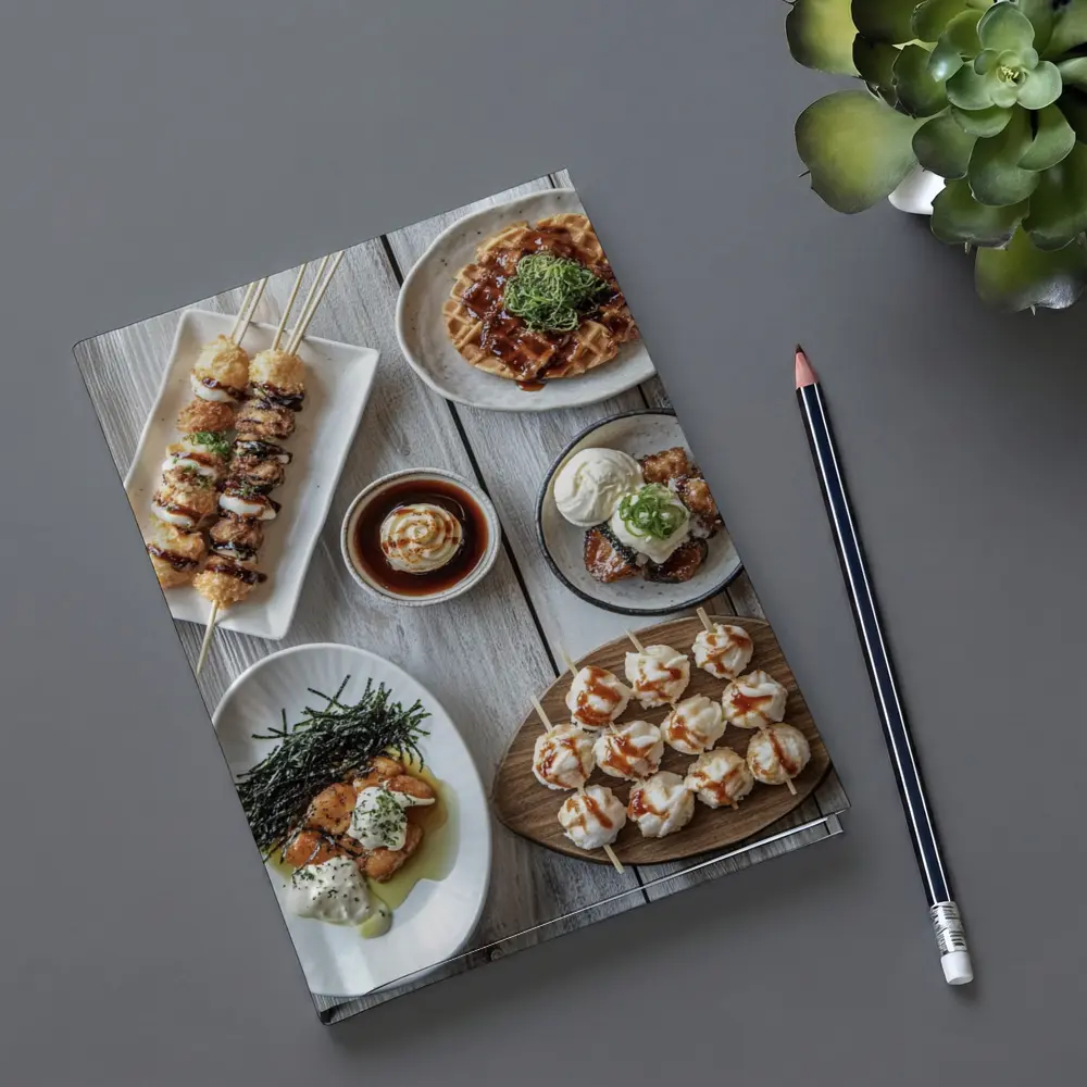 Japanese Street Food Spread Rustic Table – Notebooks