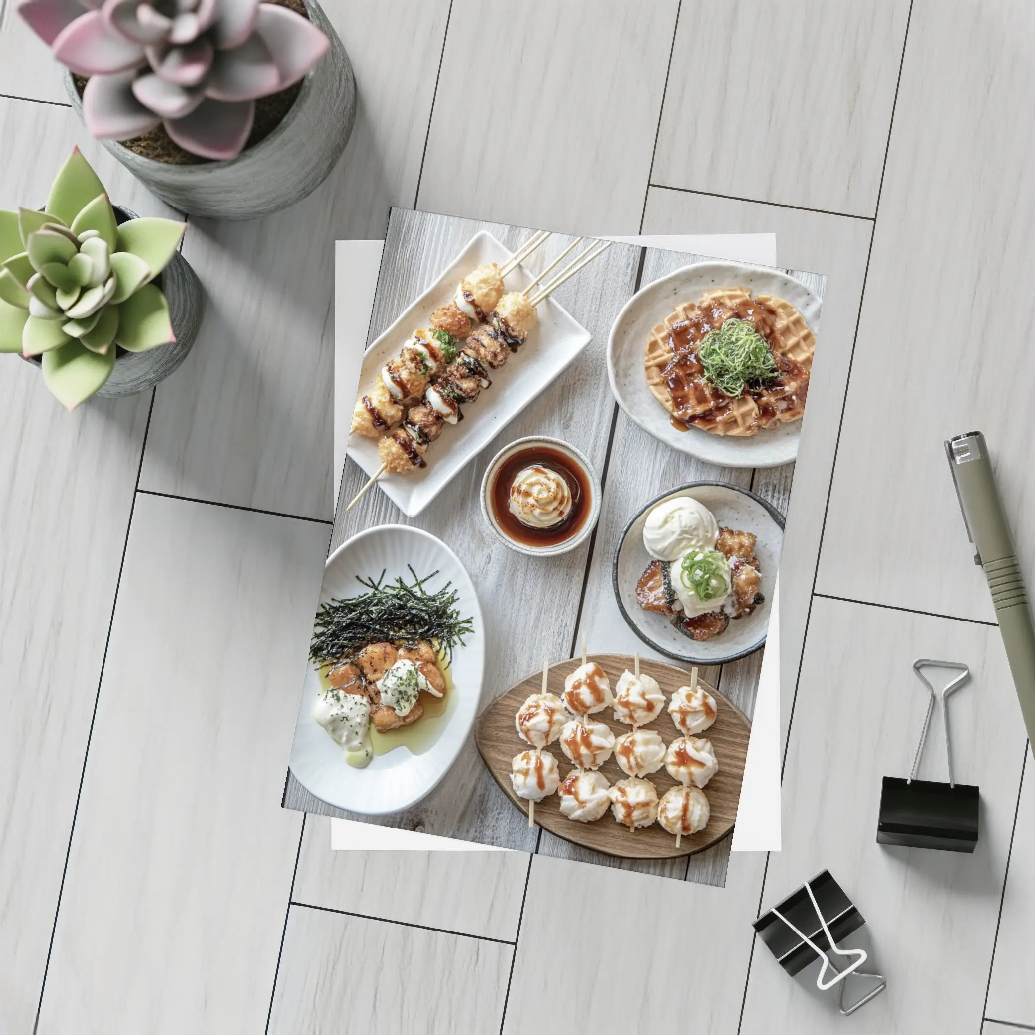 Japanese Street Food Spread Rustic Table – Postcards