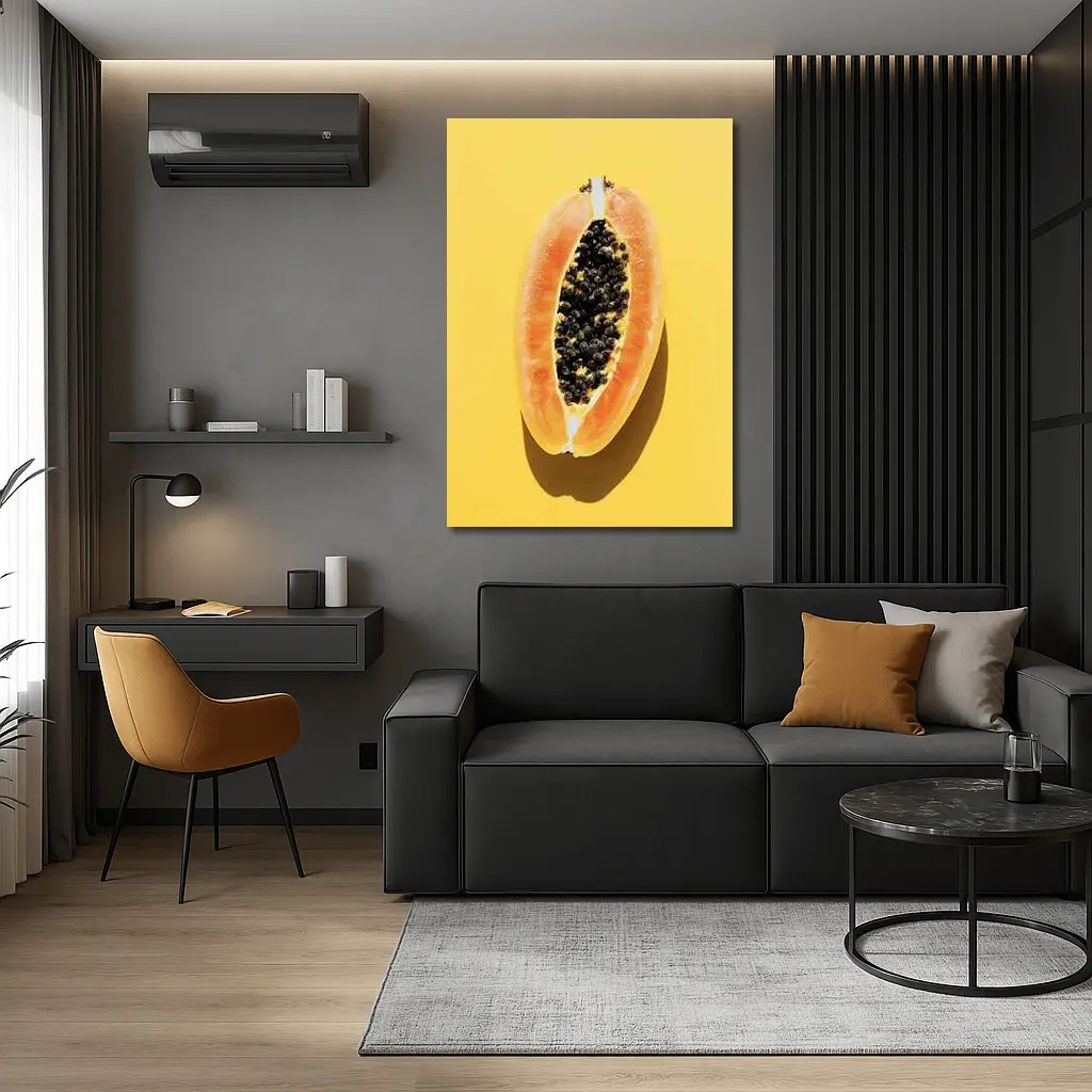 Sliced Papaya On Yellow Background – Wall Art